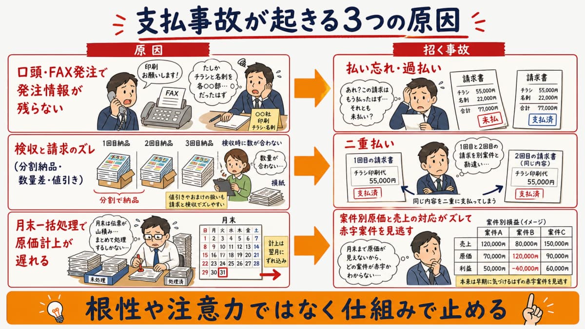 口頭やFAX発注・分割納品の数量差・月末一括処理の3原因がそれぞれ支払事故につながる図解