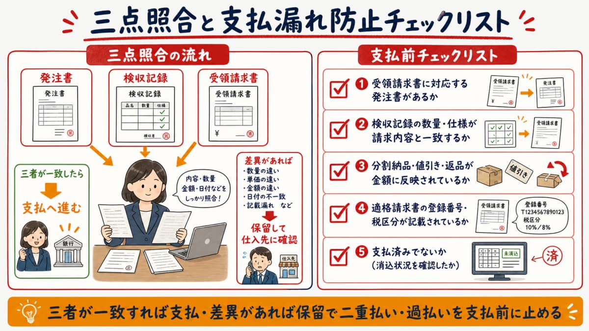 発注書・検収記録・受領請求書の三点照合と支払漏れ防止チェックリストを並べた確認表
