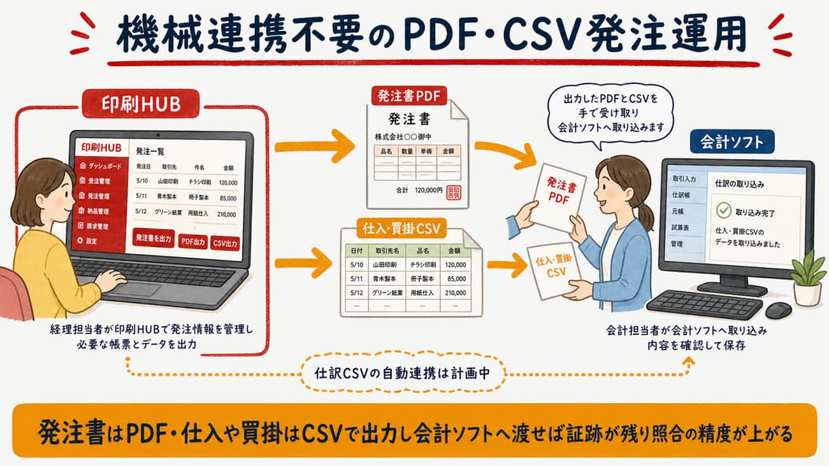 印刷HUBから発注書PDFと仕入・買掛CSVを出力し会計ソフトへ手渡す機械連携不要のPDF/CSV発注運用の概念図