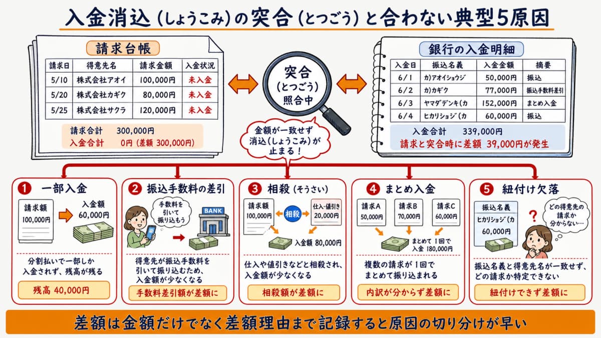請求データと入金明細を照合し一部入金や手数料差引まとめ入金の分岐を判定する入金消込のイメージ図