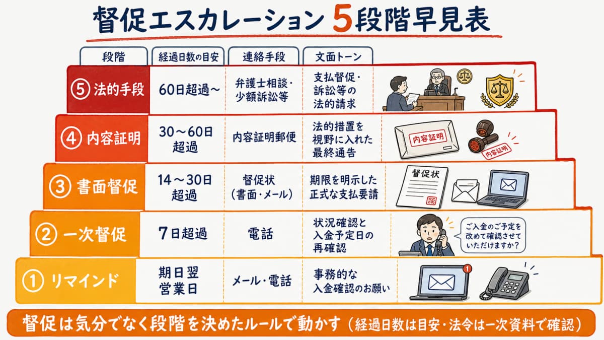 経過日数と連絡手段と文面トーンで督促を5段階に整理したエスカレーション早見表の図