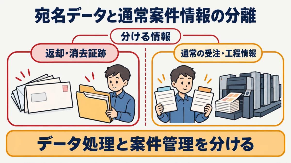 宛名データの返却・消去証跡と通常の顧客・受注・工程情報を分ける図
