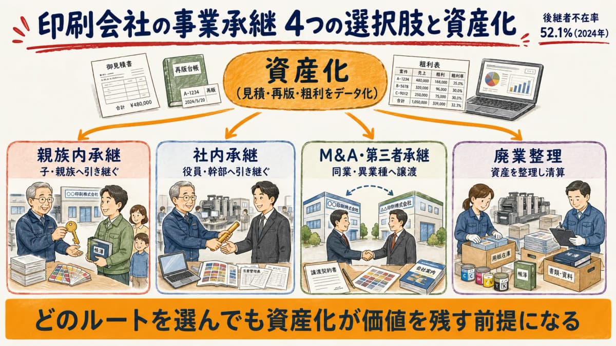 印刷会社の事業承継4ルートと資産化の位置づけを示した図