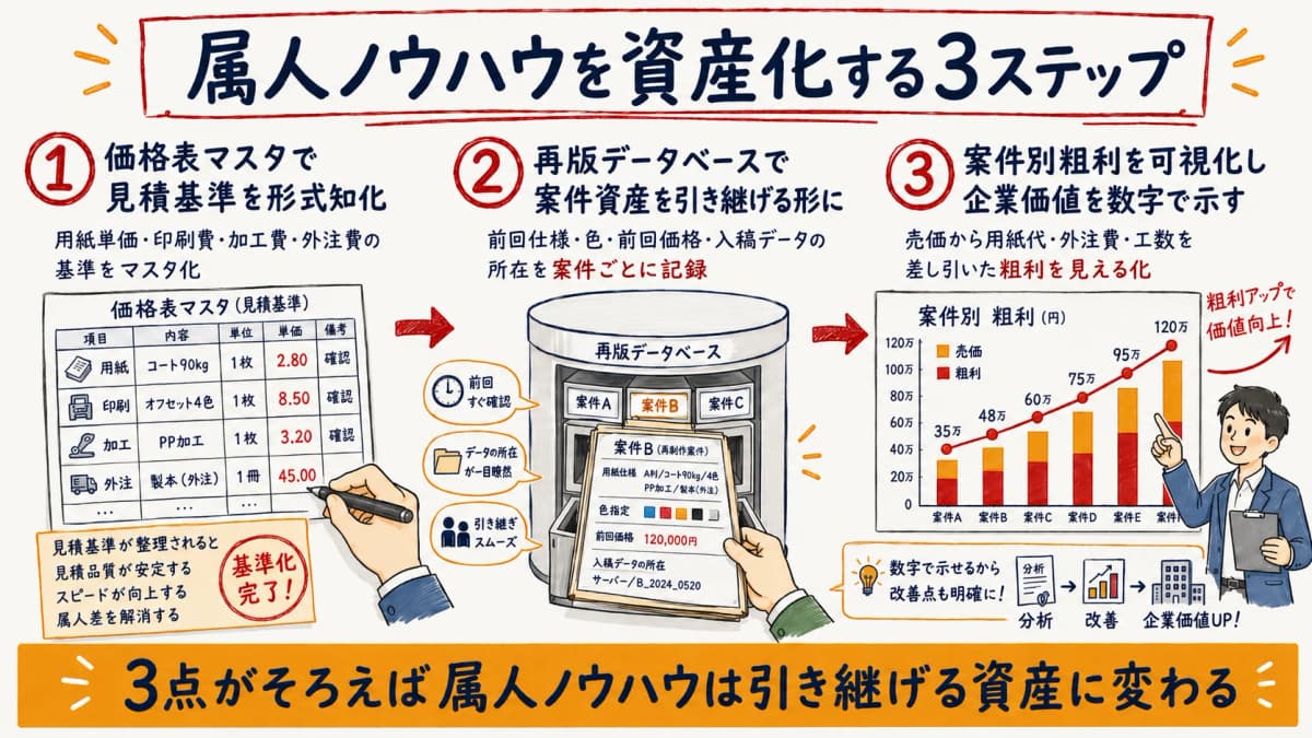 属人ノウハウを資産化する3ステップの流れを示した図