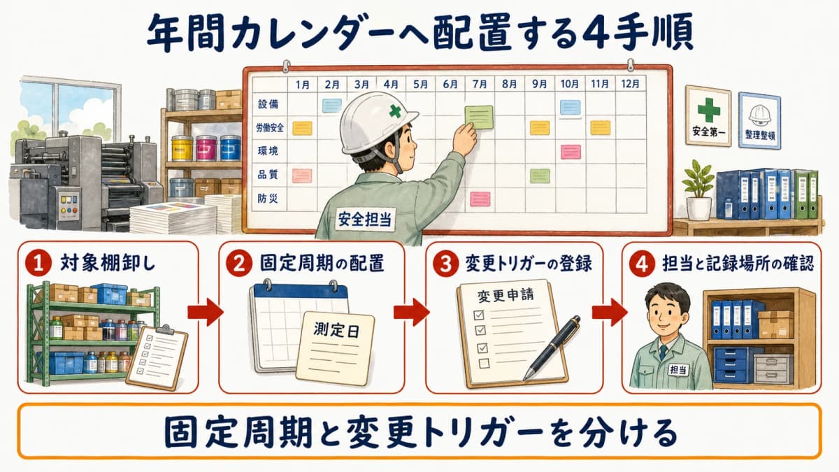 対象棚卸しから担当・記録場所確認まで年間カレンダーへ配置する4手順