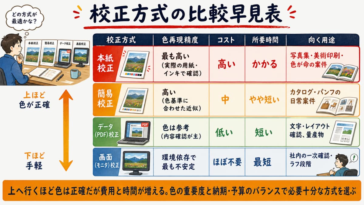 本紙校正と簡易校正とデータ校正と画面校正を色再現精度とコストと所要時間と向く用途で比較した早見表