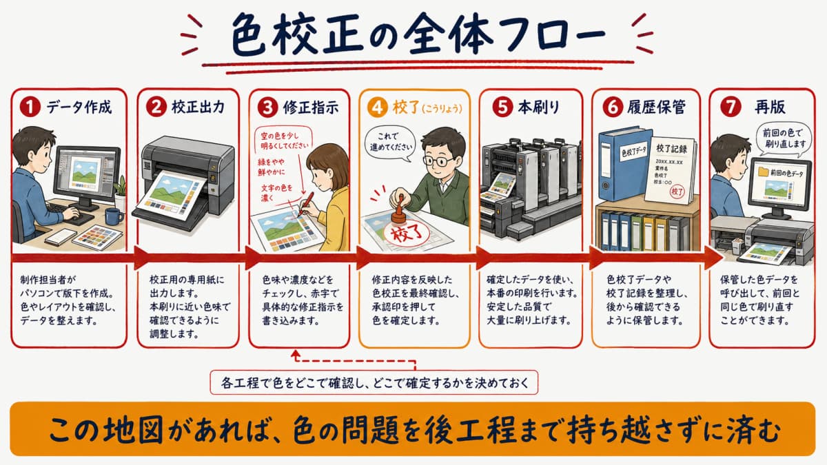 色校正の全体フローをデータ作成から校正と校了を経て本刷りと再版データベース保管まで一本の流れで示した図