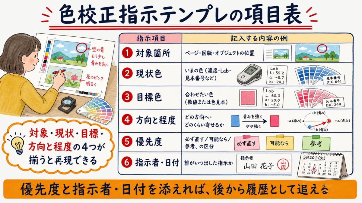 色校正指示テンプレの項目表で対象箇所と現状色と目標色と方向と程度と優先度と指示者と日付を並べた図