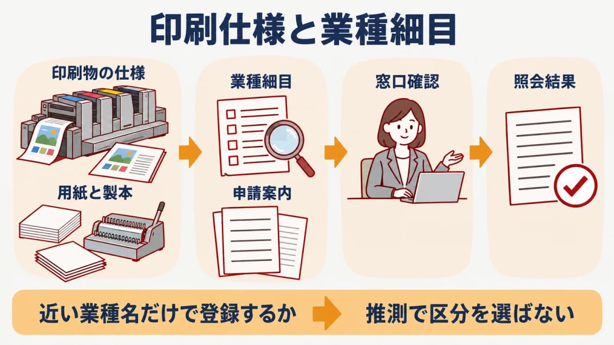 印刷物の仕様と自治体の業種細目を照合する手順