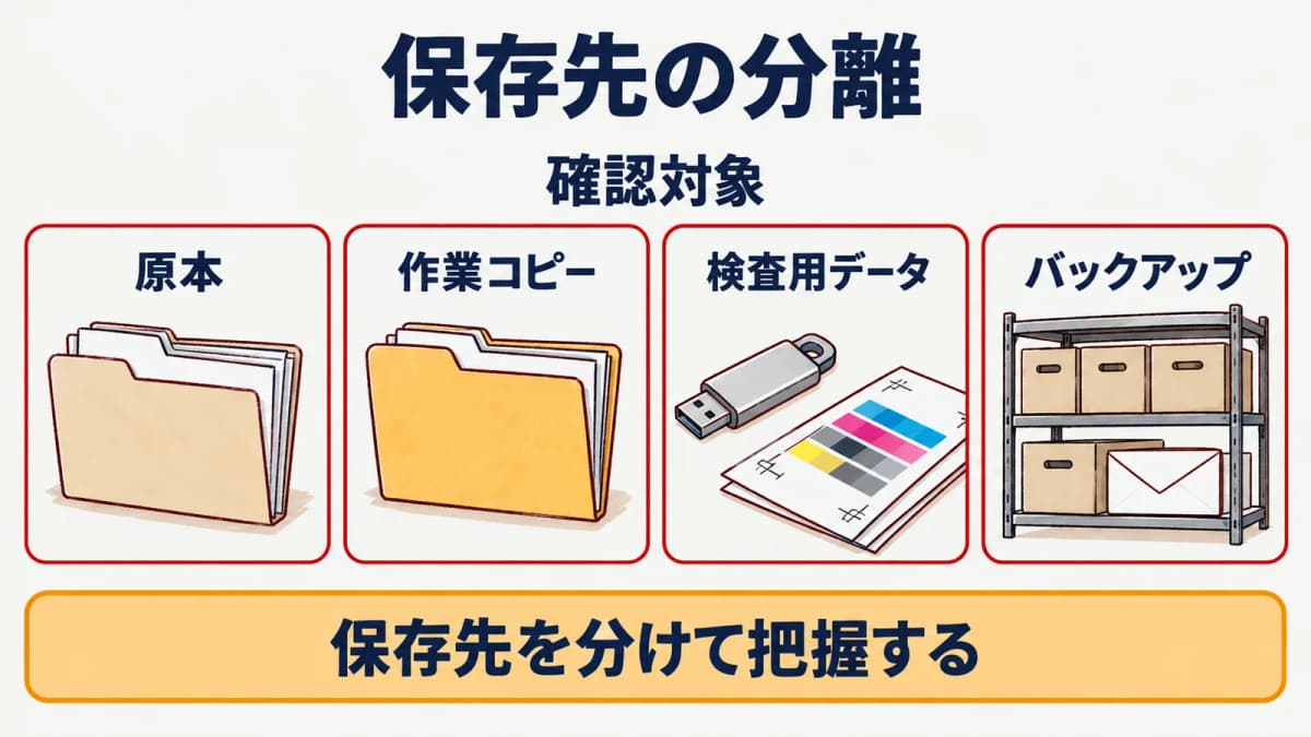 原本、作業コピー、検査用データ、バックアップの保存先を分ける図