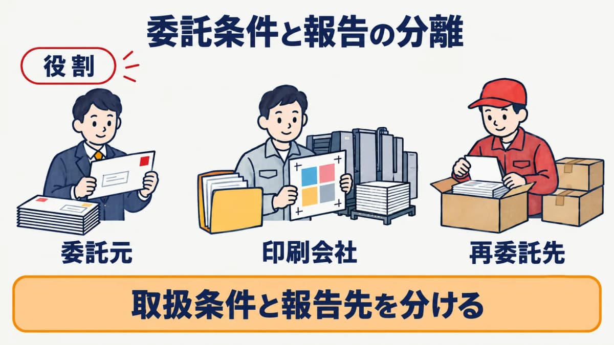 委託元、印刷会社、再委託先の取扱条件と報告を分ける図