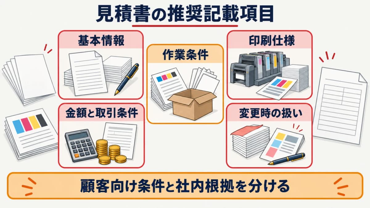 印刷仕様・価格条件・社内積算根拠を分ける見積書記載項目表