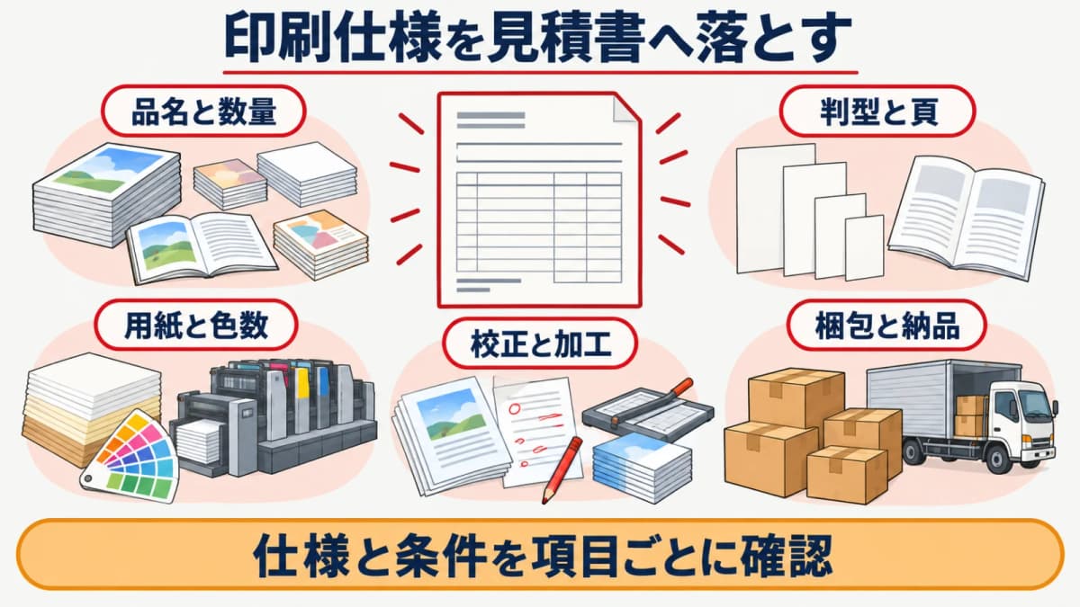 校正・加工・梱包・納品条件を仕様と但し書きに分ける図
