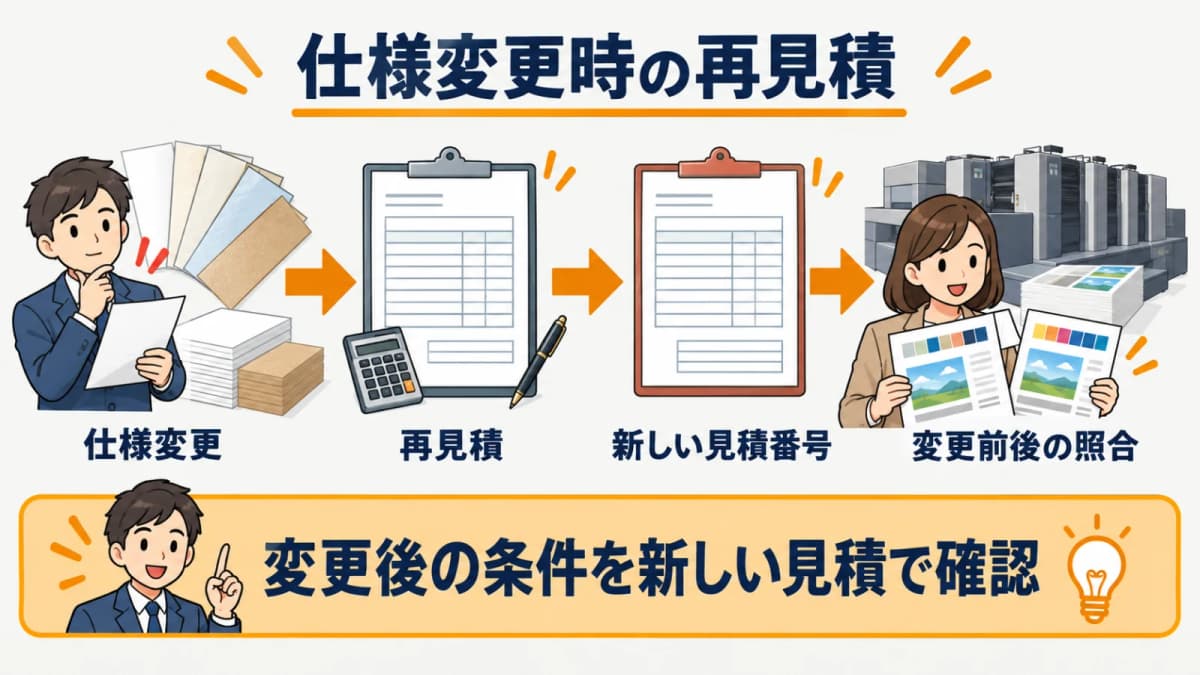 変更前後の見積番号と受注確認・校了記録を照合する図