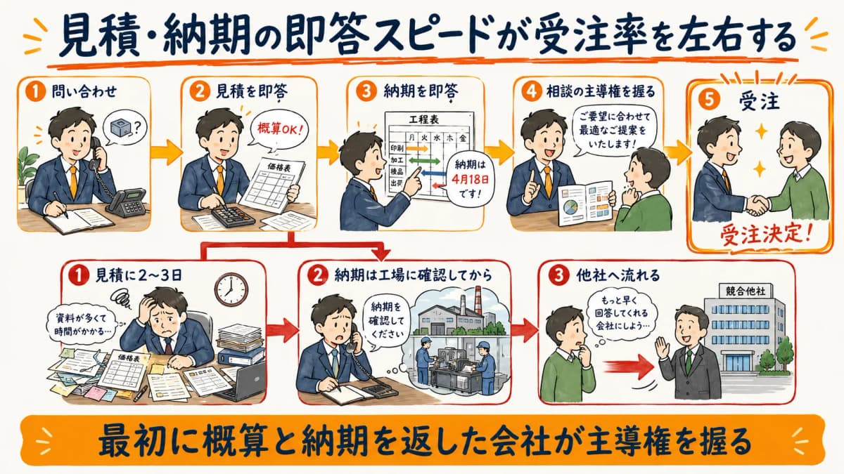 問い合わせから見積・納期の即答までが受注率を左右する流れ