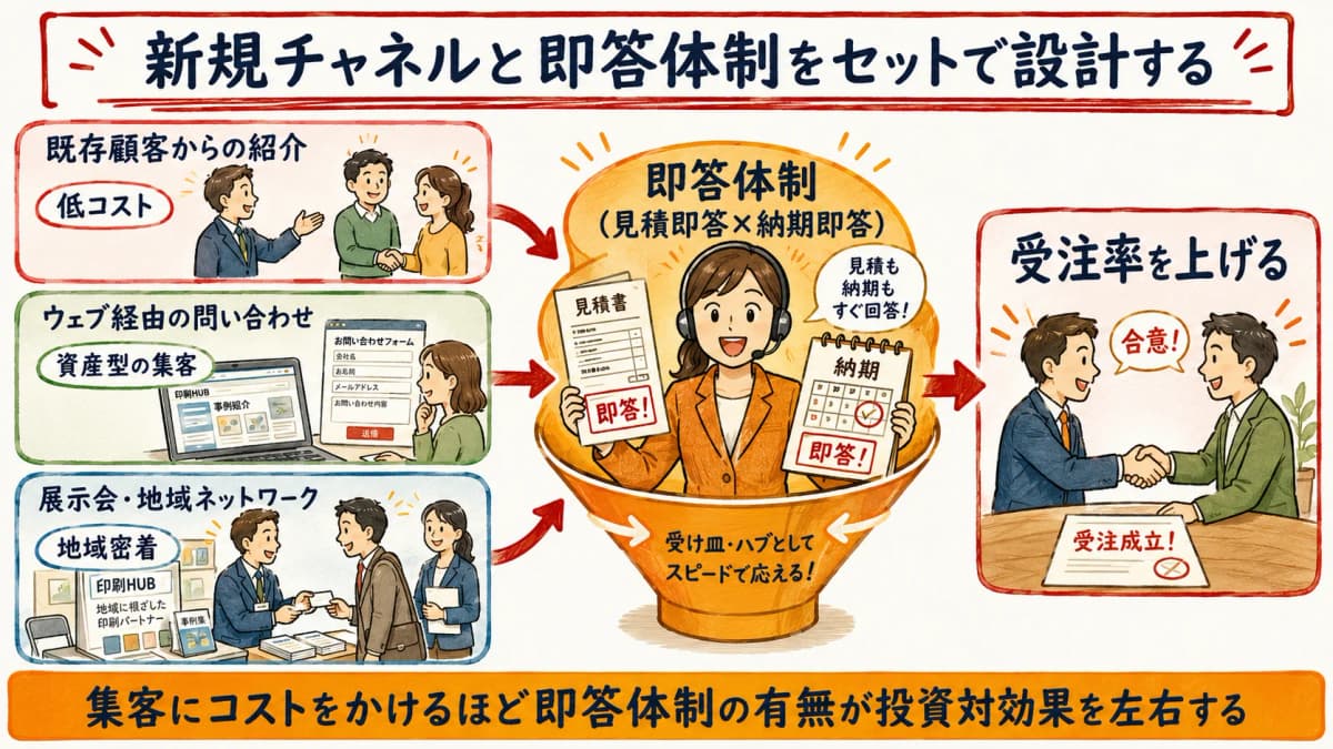 新規開拓チャネルと即答体制を組み合わせて受注率を上げる構図