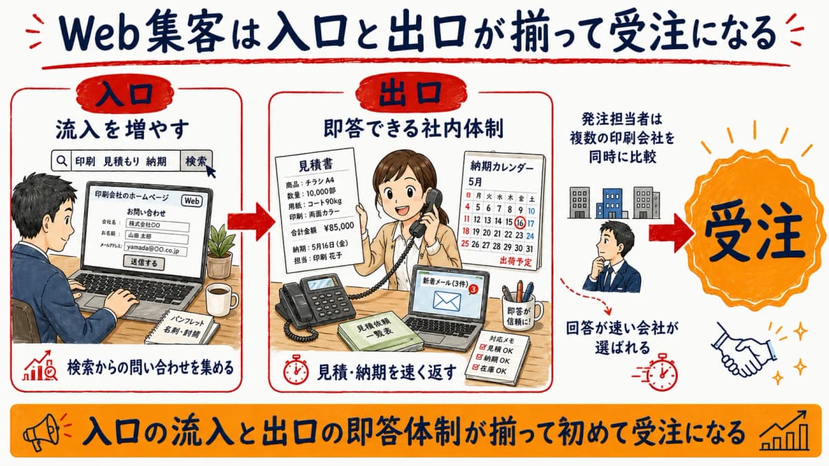 Web集客の入口(流入)と出口(即答体制)が揃って初めて受注になることを示した図