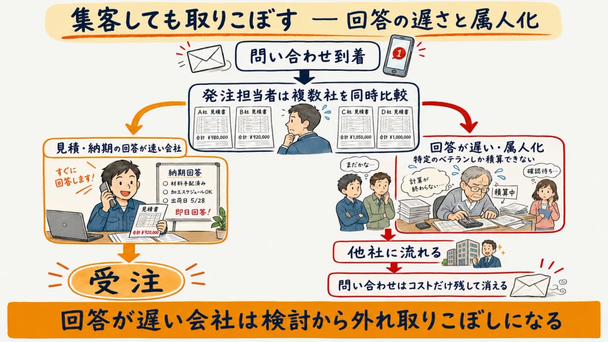 問い合わせ後の見積・納期回答が遅いと他社に流れ、取りこぼしが起きる構造を示した図