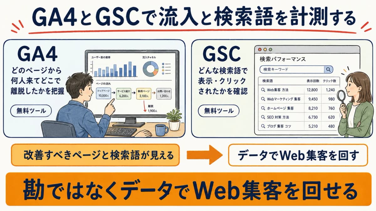 GA4とGSCで流入と検索語を計測し、改善点を特定するWeb集客の進め方を示した図
