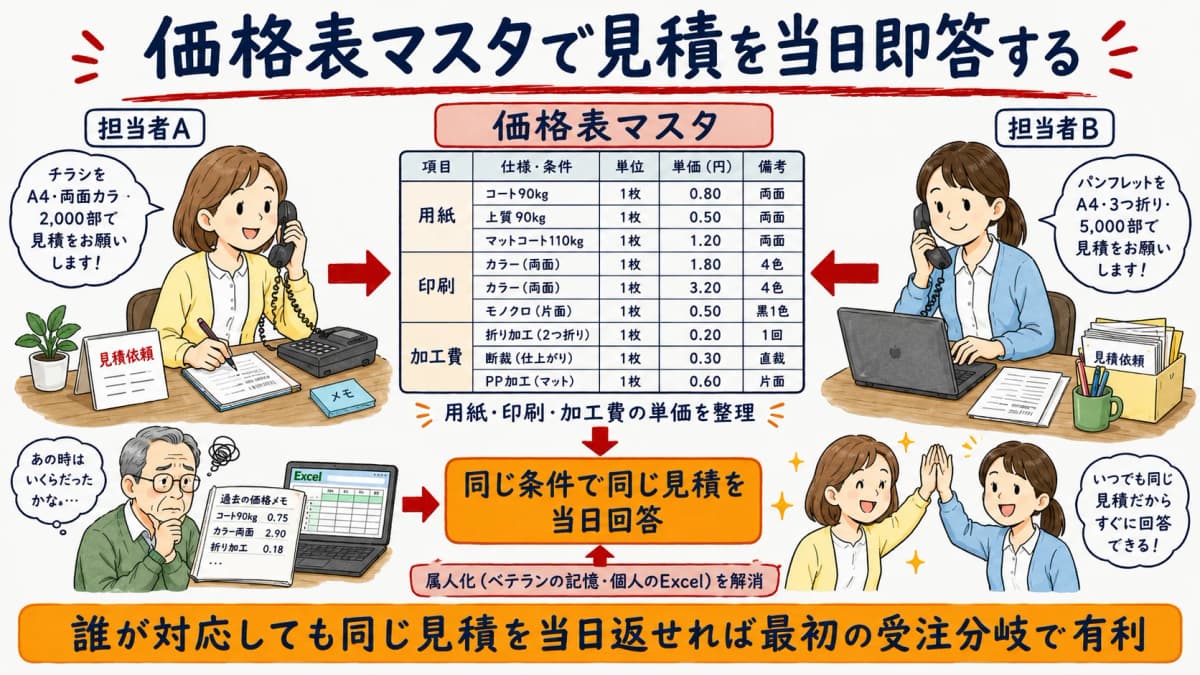 価格表マスタで誰が対応しても同じ条件の見積を当日返せる即答体制を示した図