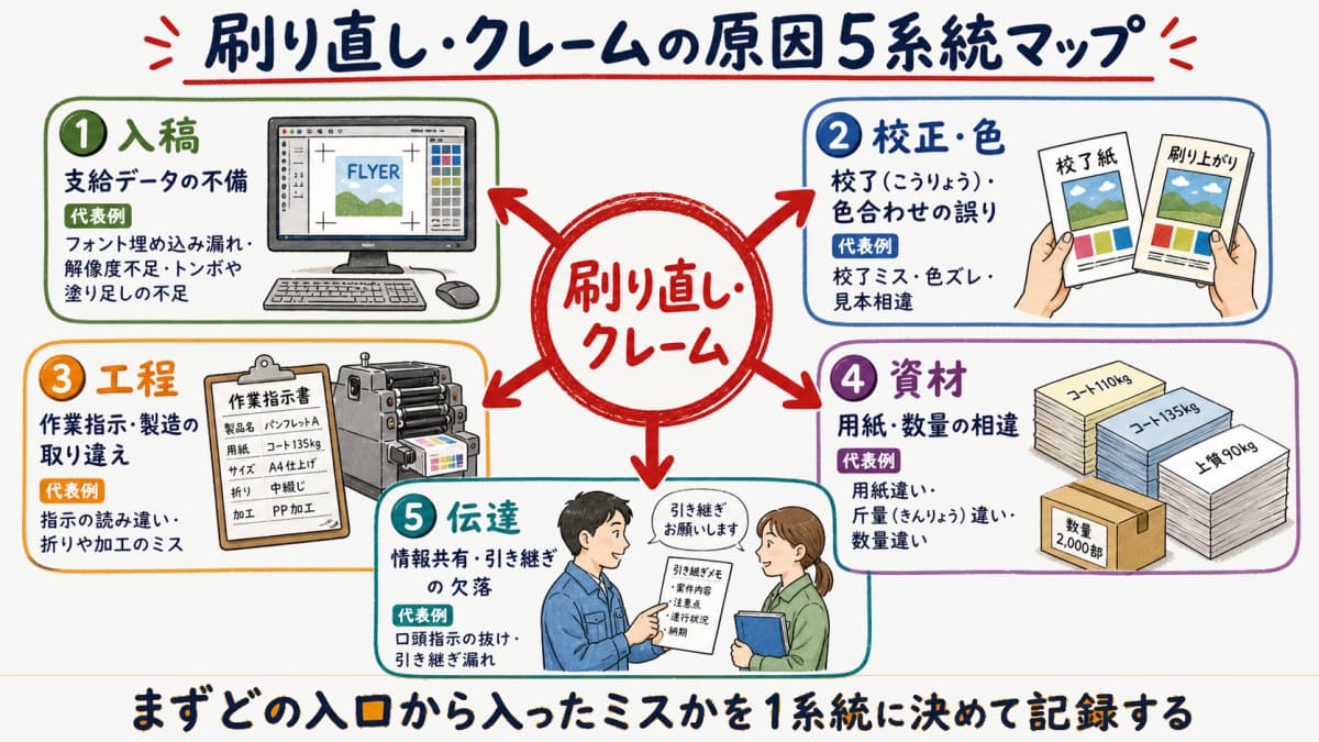 刷り直しとクレームの原因を入稿・校正/色・工程・資材・伝達の5系統に放射状に整理した原因マップの図解