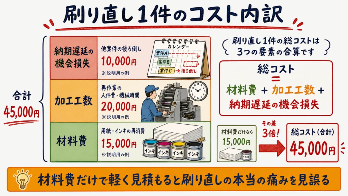 刷り直し1件のコストを材料費・加工工数・納期遅延の機会損失に分けて積み上げたコスト内訳ツリーの図解