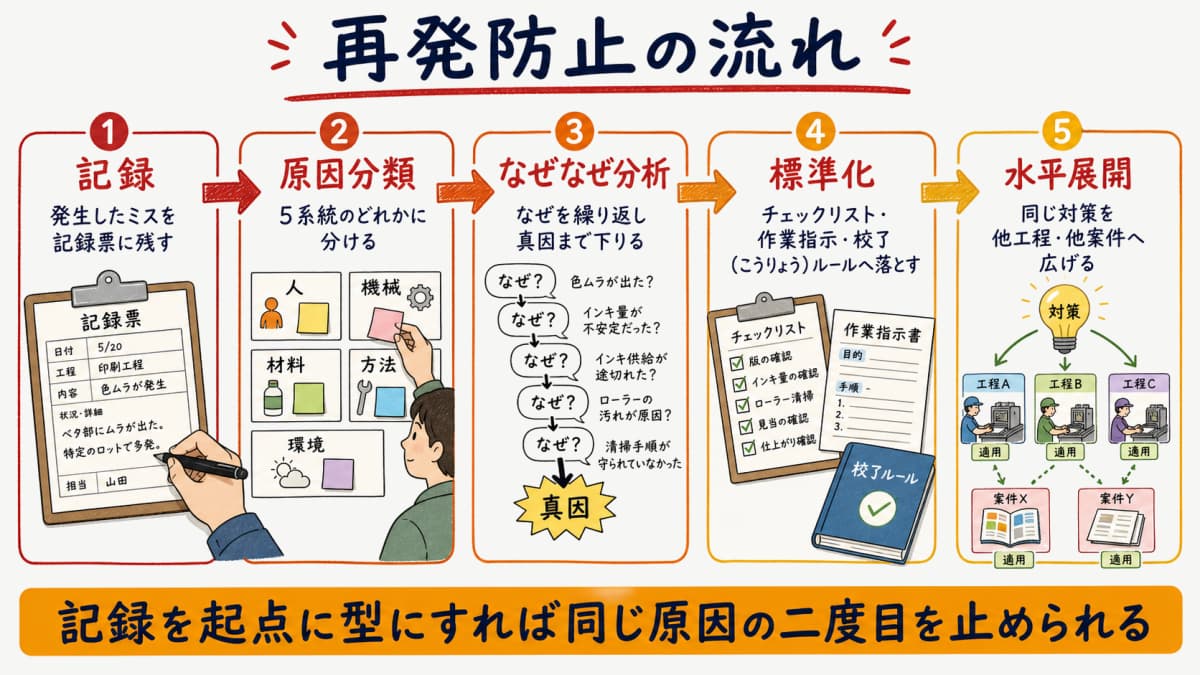 再発防止の流れを記録・原因分類・なぜなぜ分析・標準化・水平展開の順に並べた横方向のフロー図解