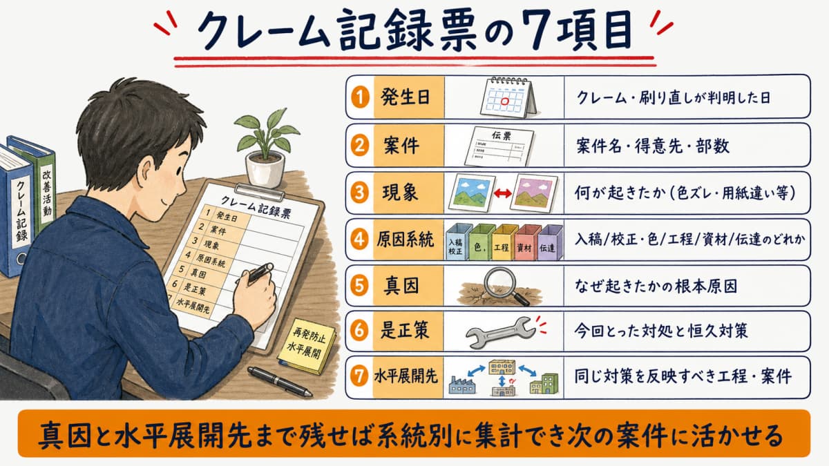 クレーム記録票の発生日・案件・現象・原因系統・真因・是正策・水平展開先の7項目を示すフォーム図解