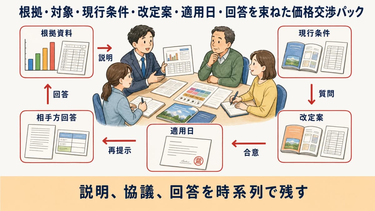 根拠・対象・現行条件・改定案・適用日・回答を束ねた価格交渉パック