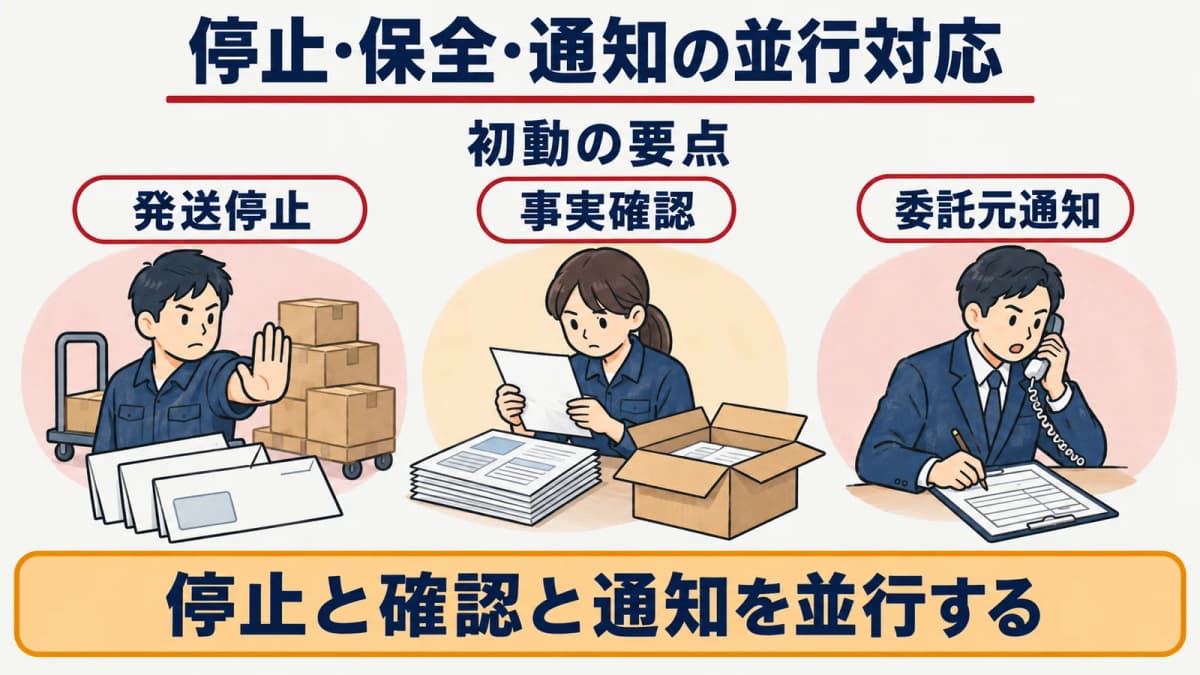 停止・保全・範囲確認・委託元通知を並行して進める初動早見表