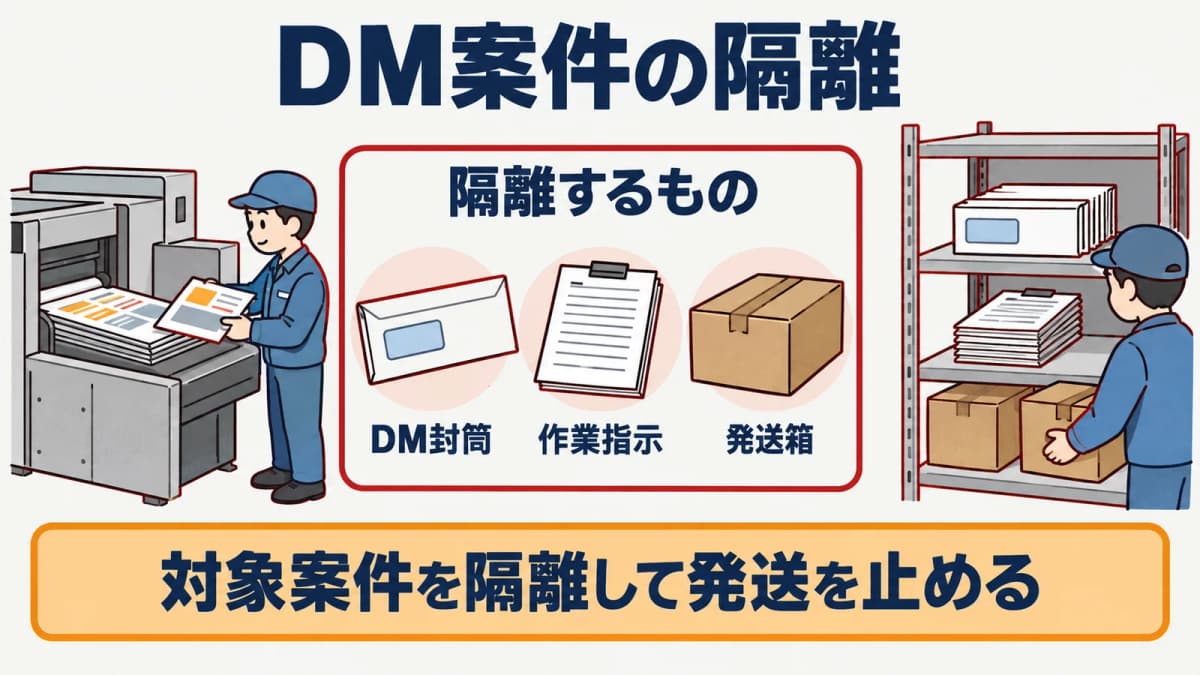 DM封筒と作業指示を案件別に隔離して発送停止する印刷現場の図