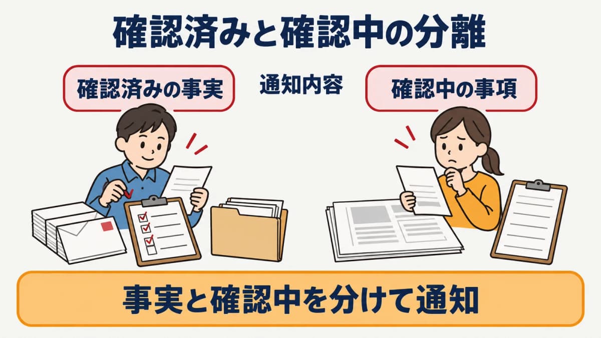 確認済み事実と確認中の事項を分けて委託元へ通知する連絡図