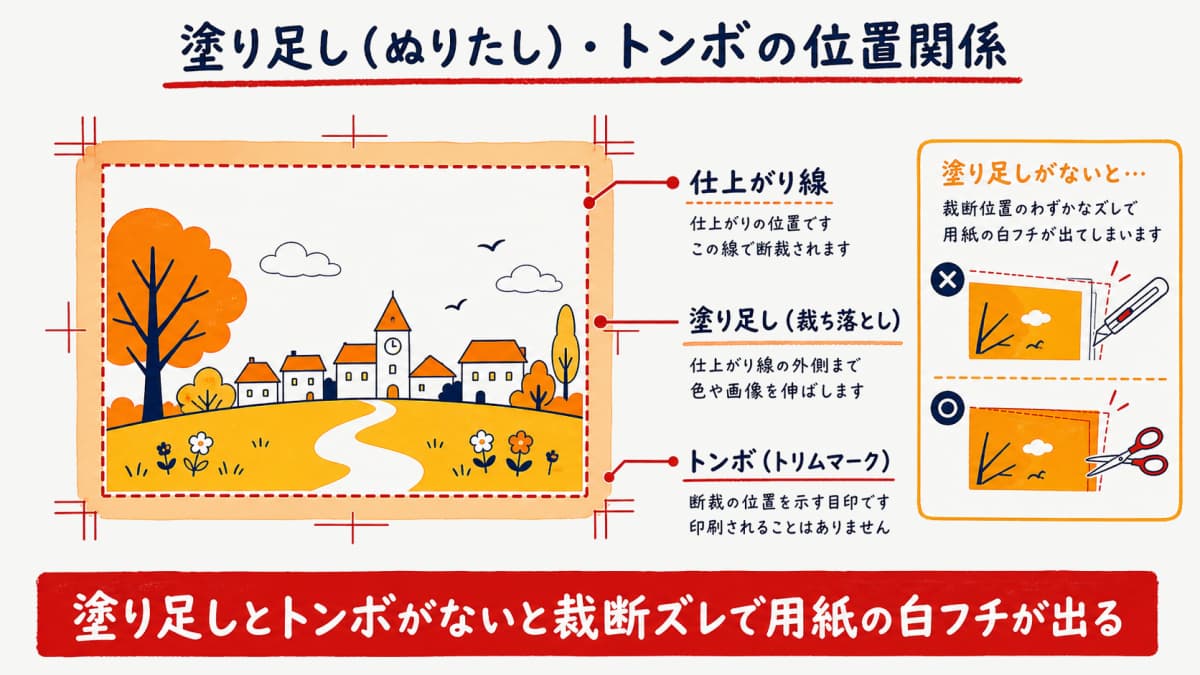 仕上がり線・塗り足し・トンボの位置関係をラベルで示した模式図