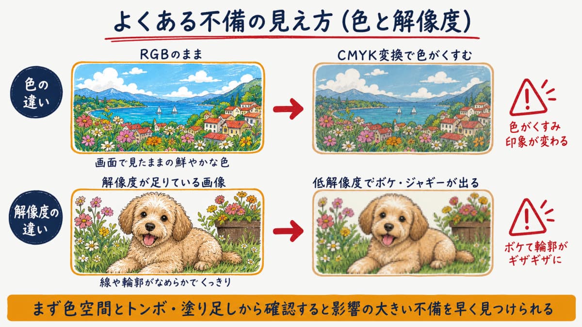 RGBからCMYKで色がくすむ様子と低解像度でボケる様子を対比した比較図