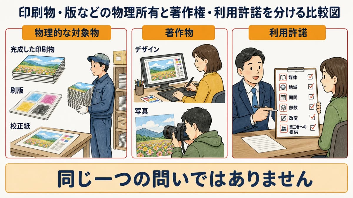 印刷物・版などの物理所有と著作権・利用許諾を分ける比較図
