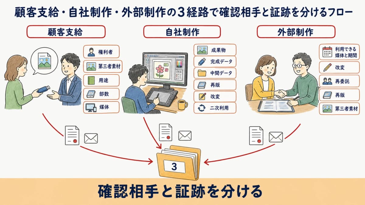 顧客支給・自社制作・外部制作の3経路で確認相手と証跡を分けるフロー