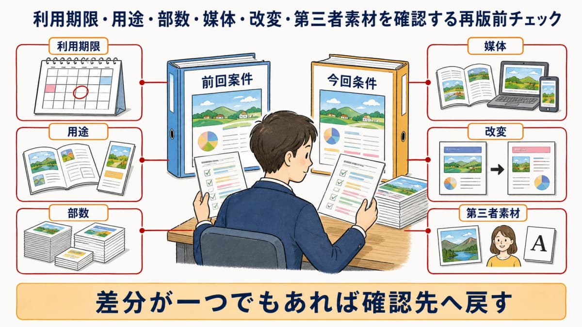 利用期限・用途・部数・媒体・改変・第三者素材を確認する再版前チェック