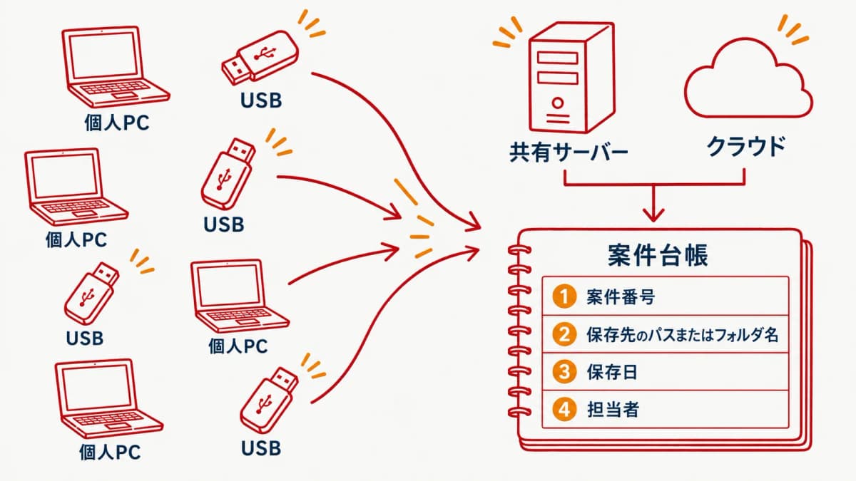 保管場所を共有サーバーやクラウドに一元化し案件台帳に記録するステップのイメージ