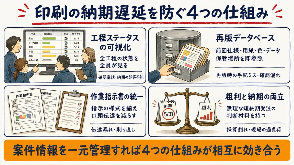 印刷の納期遅延を防ぐ4つの仕組みを示した早見図