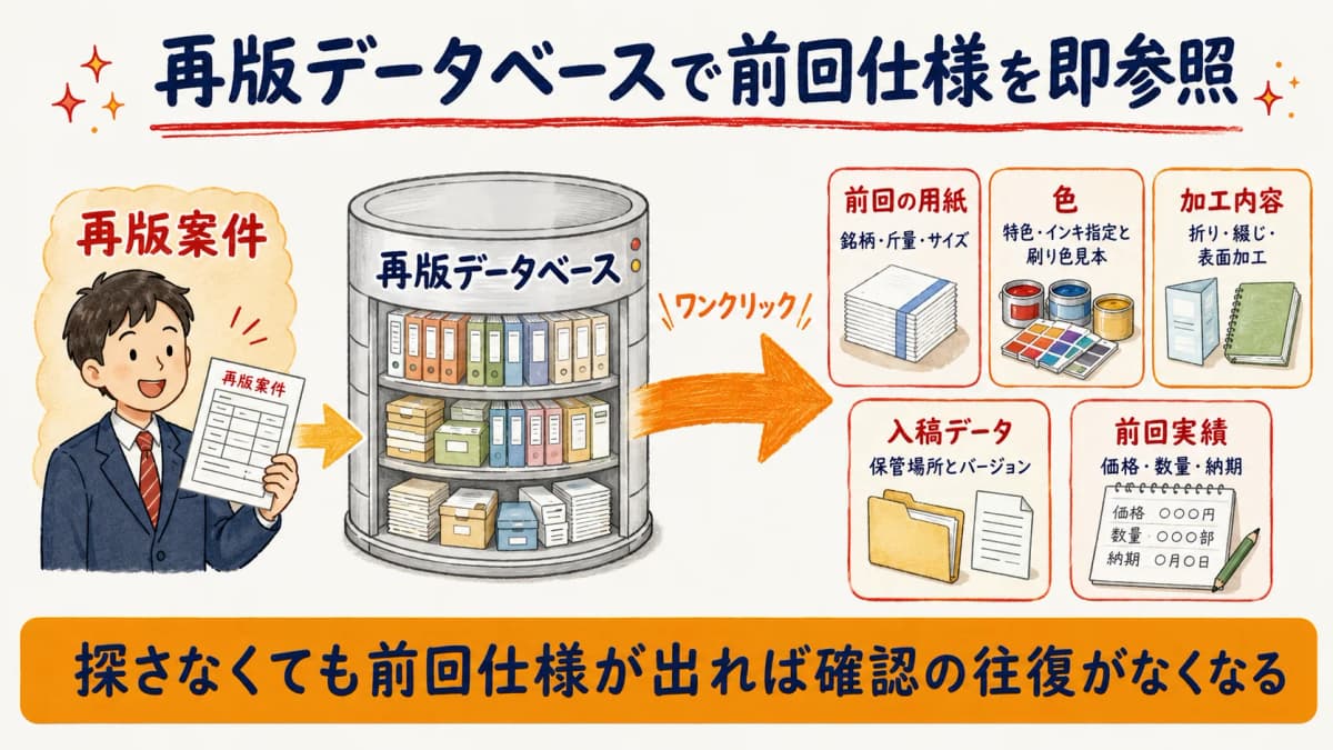 再版データベースから前回仕様を即参照する流れの図