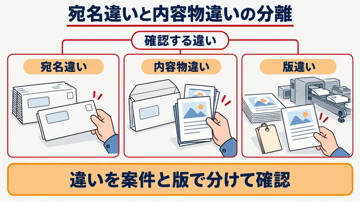 宛名違いと内容物違いを案件・版・ロット別に分けて確認するDM封入図