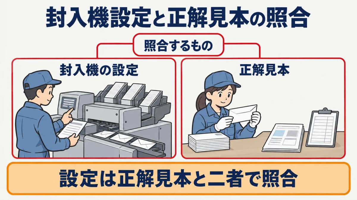封入機の設定と正解見本を二者で照合する印刷現場の図