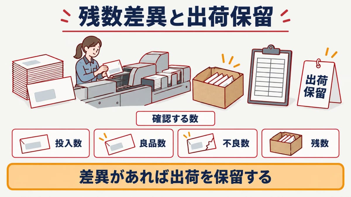 投入数・良品数・不良数・残数の差異から出荷保留を判断する図