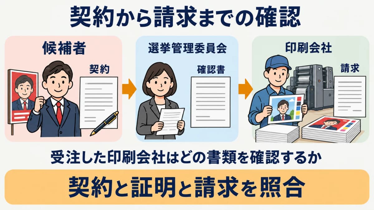 受注した印刷会社が契約確認から請求まで照合する流れ