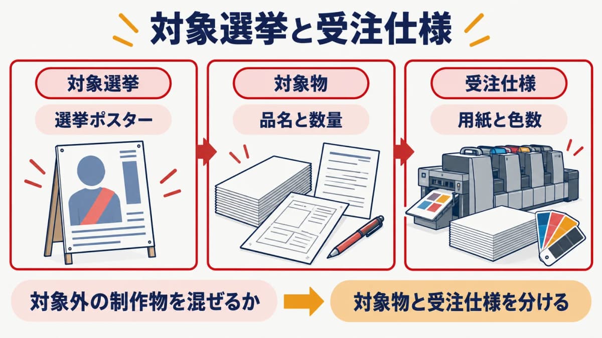 対象選挙・対象物・受注仕様を最初に分ける確認図