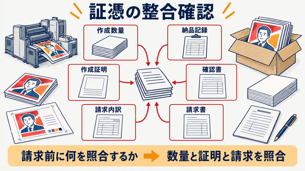 作成数量・納品記録・作成証明・請求内訳を照合する図