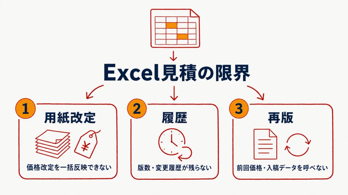 印刷の見積をExcelで管理するときに表面化する用紙改定・履歴・再版の3つの限界を示した図