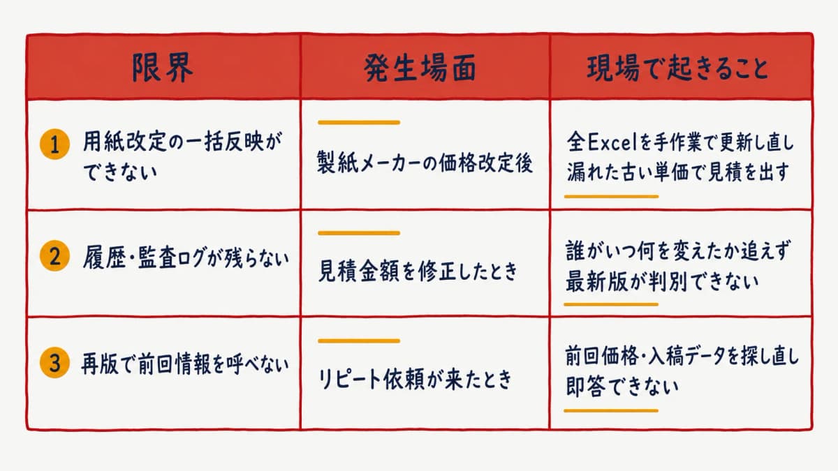 用紙改定・履歴・再版という印刷見積の3つの限界を発生場面と現場で起きることで対比した早見表のイメージ