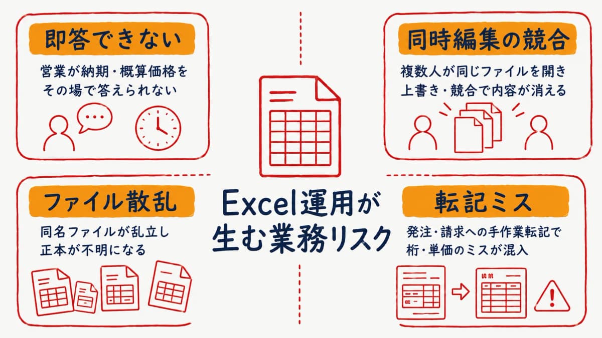 Excel見積運用が即答不能・同時編集の競合・ファイル散乱・転記ミスという業務リスクを生む流れを示した図