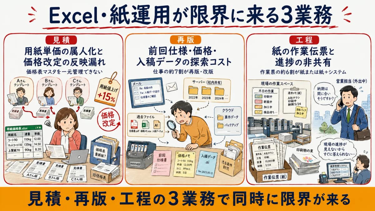 印刷会社のExcel・紙運用が限界に達する見積・再版・工程の3業務を示した図